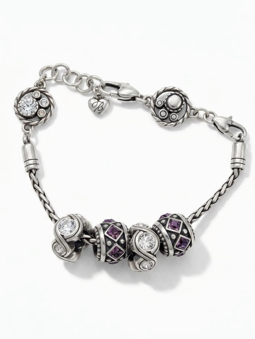 Brighton Beverly Glam Charm Bracelet Amethyst Purple Crystal Silver